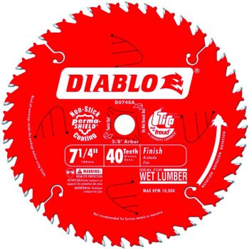 Diablo D0740A Circular Saw Blade, 7-1/4 in Dia, 5/8 in Arbor, 40-Teeth, Carbide Cutting Edge