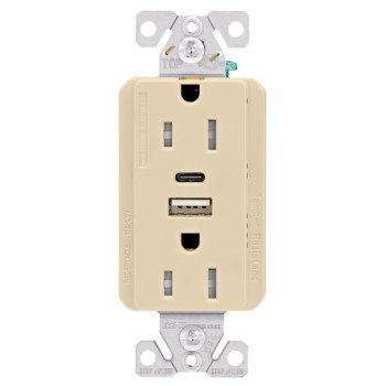 Eaton Cooper Wiring TRUSBAC15 TRUSBAC15V-K-L Receptacle, 2 -Pole, 5 A, 125 VAC, 2 -USB Port, Type A, C USB, Ivory