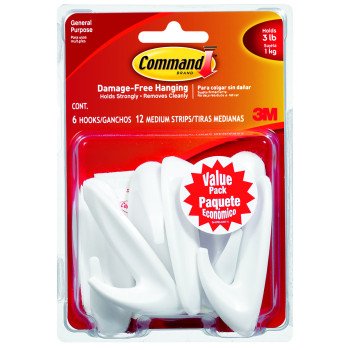 Command 17081-VP-6PK Designer Hook, 3 lb, 6-Hook, Plastic, White