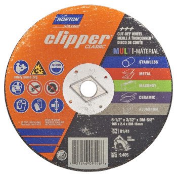 Norton Clipper Classic AC AO/SC Series 70184609146 Cut-Off Wheel, 6-1/2 in Dia, 3/32 in Thick, 5/8 in Arbor