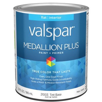 Valspar Medallion Plus 2100 028.0021003.005 Latex Paint, Acrylic Base, Flat Sheen, Tint Base, 1 qt, Plastic Can