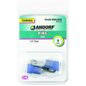 Jandorf 60784 Ring Terminal, 6 AWG Wire, 1/4 in Stud, Nylon Insulation, Copper Contact, Blue