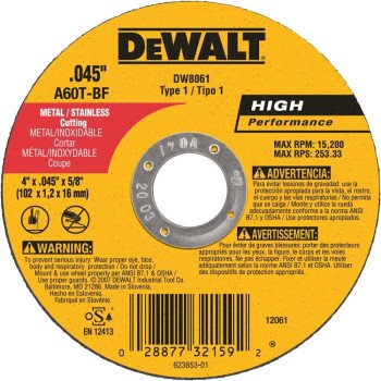 DEWALT DW8061 Cutting Wheel, 4 in Dia, 0.045 in Thick, 5/8 in Arbor, Aluminum Oxide Abrasive