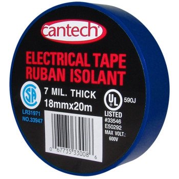 Cantech 330-08 Electrical Tape, 20 m L, 18 mm W, PVC Backing, Blue