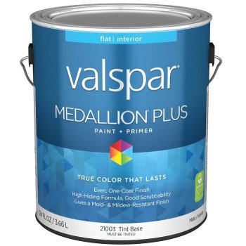 Valspar Medallion Plus 2100 028.0021003.007 Latex Paint, Acrylic Base, Flat Sheen, Tint Base, 1 gal, Plastic Can