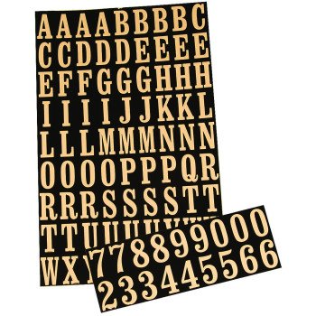 Hy-Ko MM-2 Packaged Number and Letter Set, 7/8 in H Character, Gold Character, Black Background, Mylar