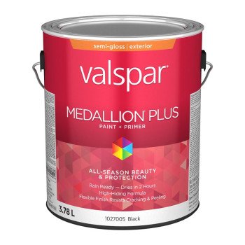 Medallion Plus 029.1027005.007 Exterior Paint and Primer, Acrylic, Semi-Gloss, Black, 1 gal, 400 sq-ft/gal Coverage Area