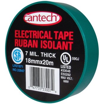 Cantech 330-07 Electrical Tape, 20 m L, 18 mm W, PVC Backing, Green