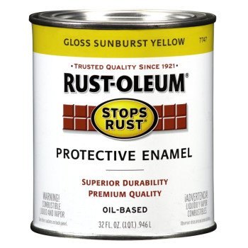 Rust-Oleum Stops Rust 7747502 Enamel Paint, Oil, Gloss, Sunburst Yellow, 1 qt, Can, 50 to 90 sq-ft/qt Coverage Area