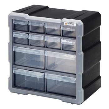 Quantum Storage Systems PDC-12BK Small Parts Organizer, 10-1/4 in L, 6-1/4 in W, 10-1/2 in H, 12-Drawer, Polypropylene