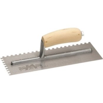 Marshalltown 702S Trowel, 1/4 in W x 1/4 in D Notch, 11 in L, 4-1/2 in W, Square Notch, Curved Handle, Wood Handle