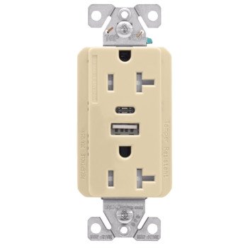 Eaton Cooper Wiring TRUSBAC20 TRUSBAC20V-K-L Receptacle, 2 -Pole, 5 A, 125 VAC, 2 -USB Port, Type A, C USB, Ivory