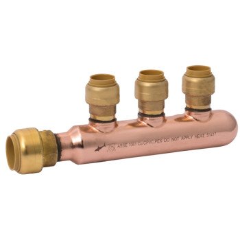 SharkBite 25553LF Closed Multi-Port Manifold Tee, 6.97 in OAL, 3/4 in Inlet, 3-Outlet, 1/2 in Outlet, DZR Brass