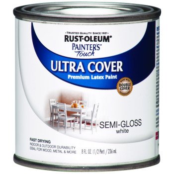 Rust-Oleum 1993730 Enamel Paint, Water, Semi-Gloss, White, 0.5 pt, Can, 120 sq-ft Coverage Area