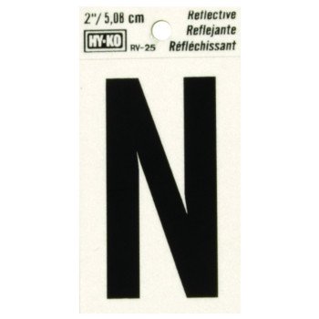 Hy-Ko RV-25/N Reflective Letter, Character: N, 2 in H Character, Black Character, Silver Background, Vinyl