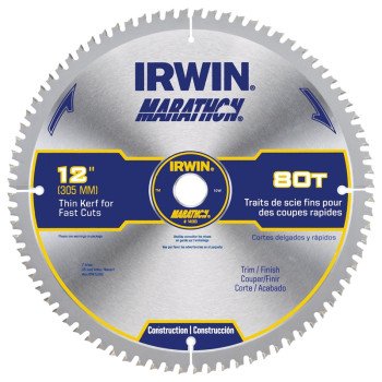 Irwin Marathon 14083 Table Saw Blade, 12 in Dia, 1 in Arbor, 80-Teeth, Carbide Cutting Edge