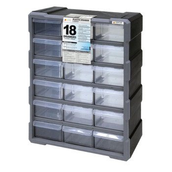 Quantum Storage Systems PDC-18BK Small Parts Organizer, 15 in L, 6-1/4 in W, 18-3/4 in H, 18-Drawer, Polypropylene