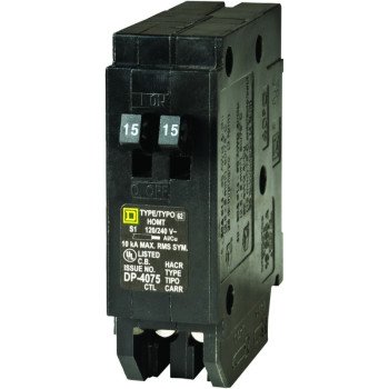 Square D Homeline HOMT1515CP Circuit Breaker, Mini, Tandem, 15 A, 1 -Pole, 120/240 V, Fixed Trip, Plug Mounting