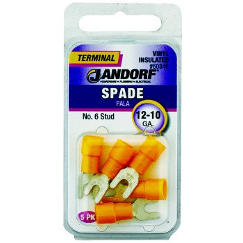 Jandorf 60846 Spade Terminal, 600 V, 12 to 10 AWG Wire, #6 Stud, Vinyl Insulation, Copper Contact, Yellow