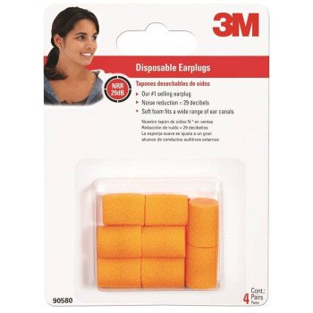 3M 90580-00000T Ear Plugs, 29 dB NRR, Foam Ear Plug, Orange Ear Plug