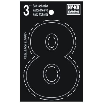 Hy-Ko 30400 Series 30408 Die-Cut Number, Character: 8, 3 in H Character, Black Character, Vinyl