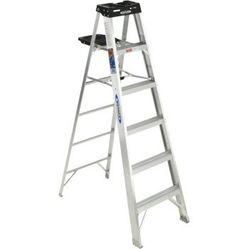 WERNER 376 Step Ladder, 6 ft Max Reach H, 5-Step, 300 lb, Type IA Duty Rating, 3 in D Step, Aluminum, Black