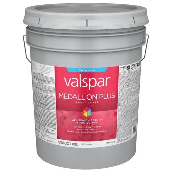 Valspar Medallion Plus 2500 028.0025000.008 Latex Paint, Acrylic Base, Flat Sheen, White Base, 5 gal, Plastic Pail