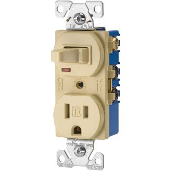 Eaton TR274V Combination Switch, 1-Pole, 15 A, 120/125 V, NEMA: NEMA 5-15R, Ivory