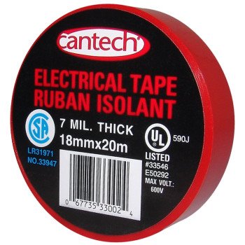 Cantech 330-02 Electrical Tape, 20 m L, 18 mm W, PVC Backing, Red