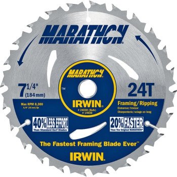 Irwin Marathon 24030 Circular Saw Blade, 7-1/4 in Dia, 5/8 in Arbor, 24-Teeth, Carbide Cutting Edge