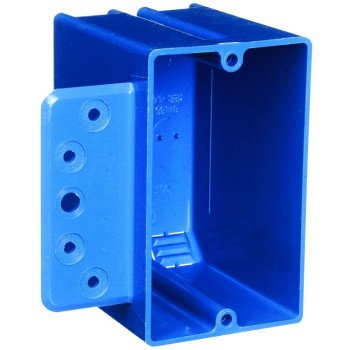 Carlon B118B-UPC Outlet Box with Bracket, 1 -Gang, 4 -Knockout, PVC, Blue, Bracket, Stud Mounting