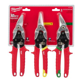 Milwaukee 48-22-4533 Aviation Snip Set, 10 in OAL, 5 in L Cut, Left, Right, Straight Cut, Steel Blade, Ergonomic Handle