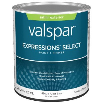 Valspar Expressions Select 4500 028.0045004.005 Latex Paint, Acrylic Base, Satin Sheen, Clear Base, 1 qt