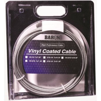 Baron 50201/50210 Aircraft Cable, 1/8 to 3/16 in Dia, 50 ft L, 340 lb Working Load, Galvanized Steel