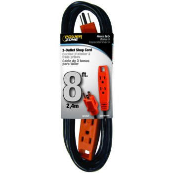 PowerZone OR890708 Extension Cord, 8 ft L, Grounded Plug, 3 -Outlet, Receptacle Outlet, 15 A, 125 V