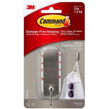 Command 17034BN-ES Medium Decorative Hook, 1 in W, Metal/Plastic, Brushed Nickel, 3 lb