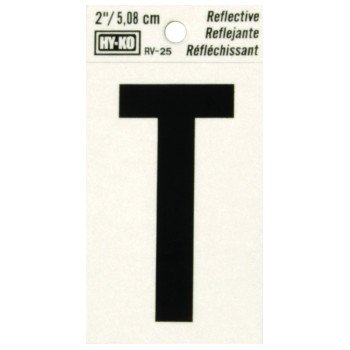 Hy-Ko RV-25/T Reflective Letter, Character: T, 2 in H Character, Black Character, Silver Background, Vinyl