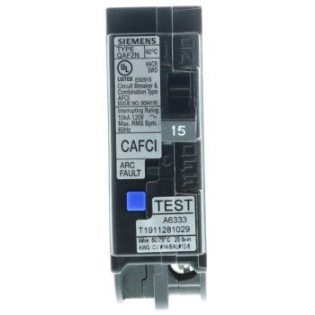 Siemens QA115AFCN Circuit Breaker, AFCI, Combination, Low Voltage, 15 A, 1 -Pole, 120 V, Plug Mounting