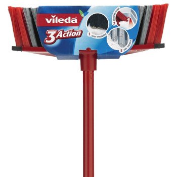 Vileda 3Action 143634 Household Broom, Polyethylene Terephthalate Bristle, Black/Red/Silver Bristle, Steel Handle