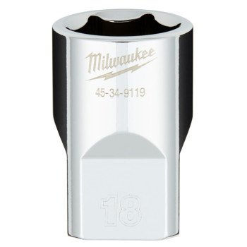 Milwaukee 45-34-9119 Socket, 18 mm Socket, 1/2 in Drive, 6-Point, Chrome Vanadium Steel, Chrome