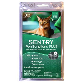 Sentry PurrScriptions Plus 01980 Flea and Tick Squeeze-On, Liquid, Mild Acetate, 3 Count