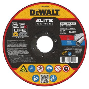 DEWALT DWA8951F Cut-Off Wheel, 4-1/2 in Dia, 0.045 in Thick, 7/8 in Arbor, Aluminum Oxide Abrasive