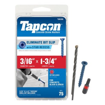 Tapcon 28355 Concrete Screw Anchor, 3/16 in Dia, 1-3/4 in L, Steel, Climaseal, 75/PK