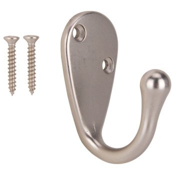 ProSource H63SN-PS Coat and Hat Hook, 22 lb, 1-Hook, 1-1/8 in Opening, Zinc, Satin Nickel