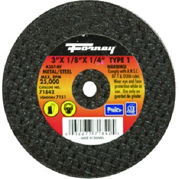 Forney 71842 Cut-Off Wheel, 3 in Dia, 1/8 in Thick, 1/4 in Arbor, 36 Grit, Medium, Aluminum Oxide Abrasive