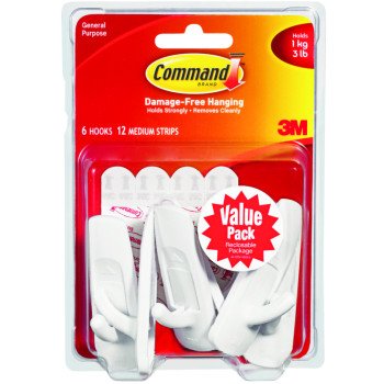 Command 17001-VP-6PK Utility Hook, 7/8 in Opening, 3 lb, 6-Hook, Plastic, White