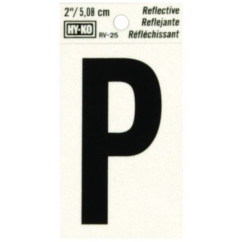 Hy-Ko RV-25/P Reflective Letter, Character: P, 2 in H Character, Black Character, Silver Background, Vinyl