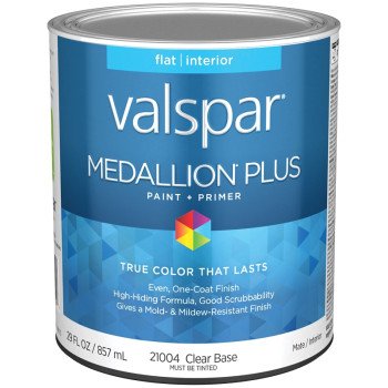 Valspar Medallion Plus 2100 028.0021004.005 Latex Paint, Acrylic Base, Flat Sheen, Clear Base, 1 qt, Plastic Can