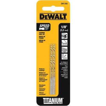 DEWALT DW1308 Jobber Drill Bit, 1/8 in Dia, 2-3/4 in OAL, Parabolic Flute, 1/8 in Dia Shank, Straight Shank