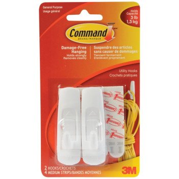 Command 17001C Utility Hook, 3, 4 lb, 2-Hook, Plastic, White